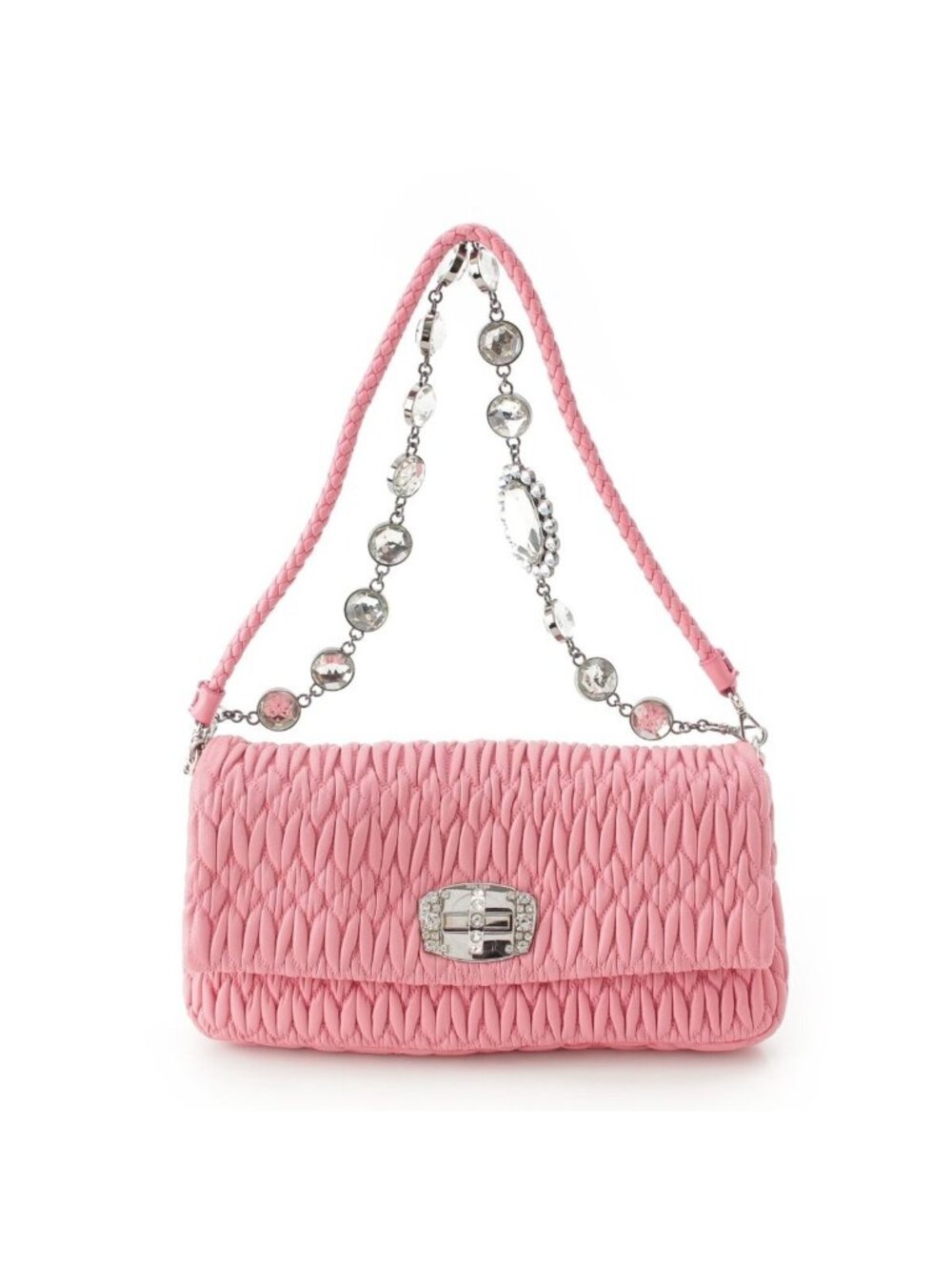 Miu Miu Matelasse Leather Sheep Crystal Chain Shoulder Bag Pink